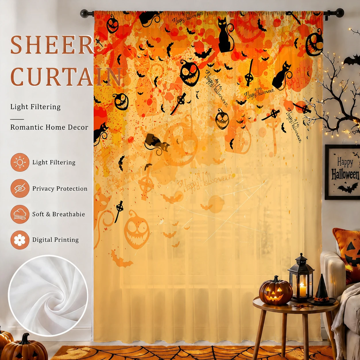 Home Decor Youtube - 1Pc Spooky Halloween Sheer Curtain Rod