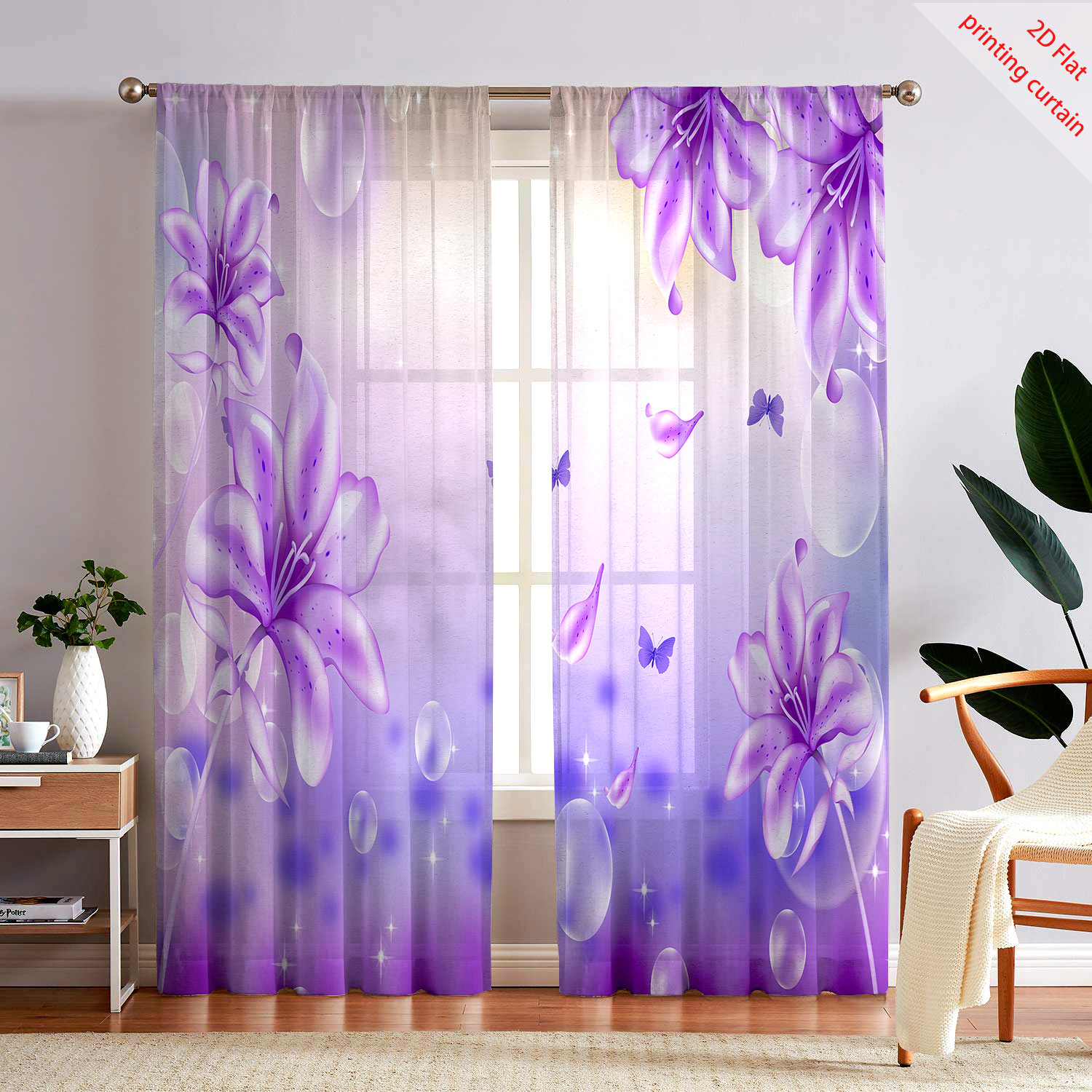 Home Decor Youtube - Purple Flower Printed Transparent Gauze Curtain