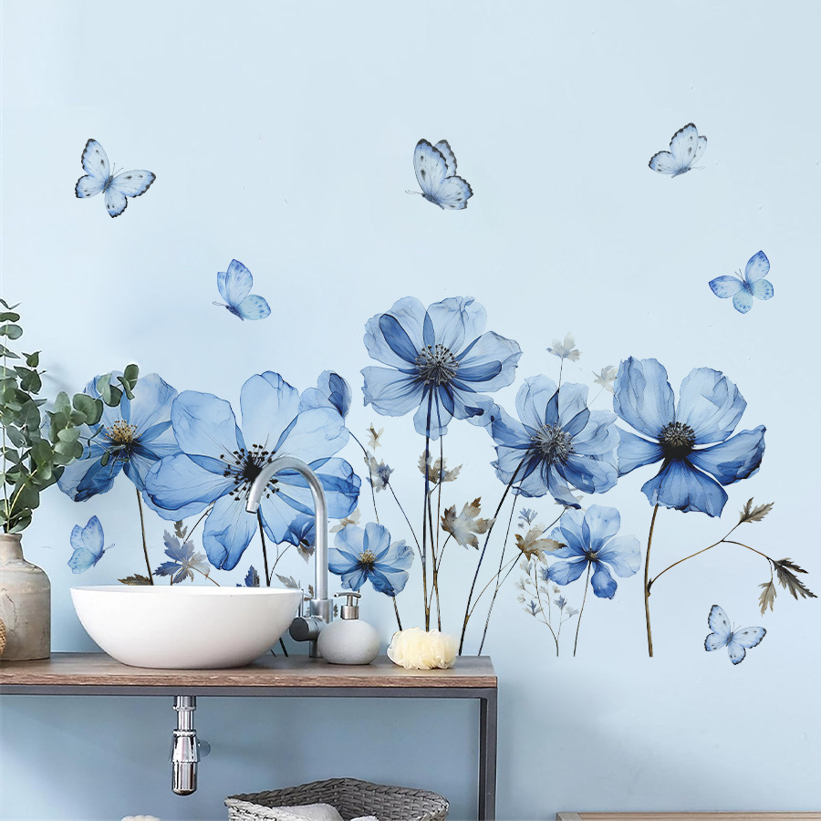 Home Decor Vinyl Flooring - Fresh Blue Butterfly & Flower Wall
